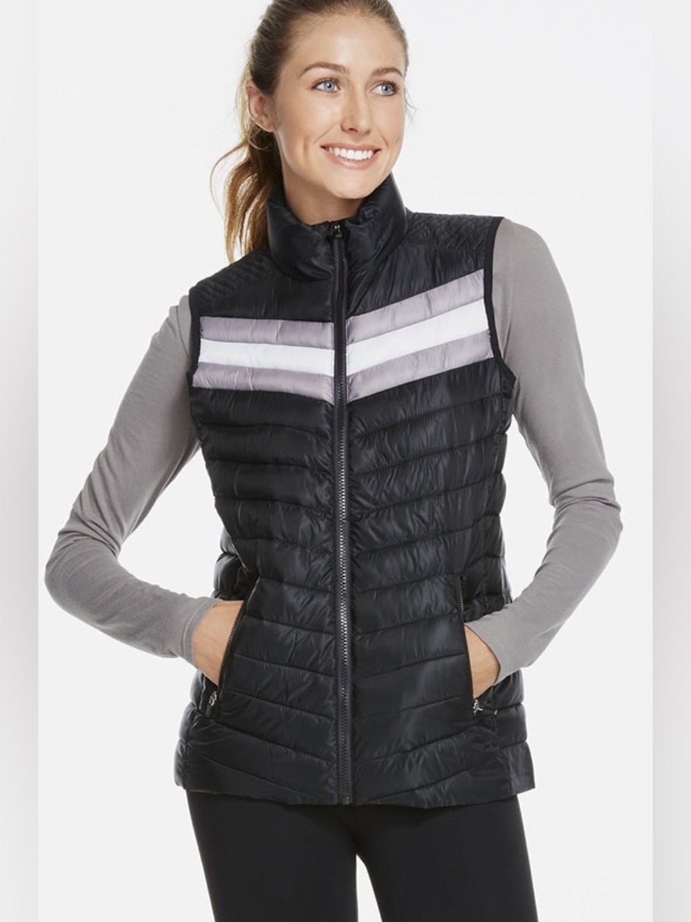 Fabletics Black Quilted Puffer Vest Gray White Chevron Active Yoga Comfy Light - Picture 5 of 16